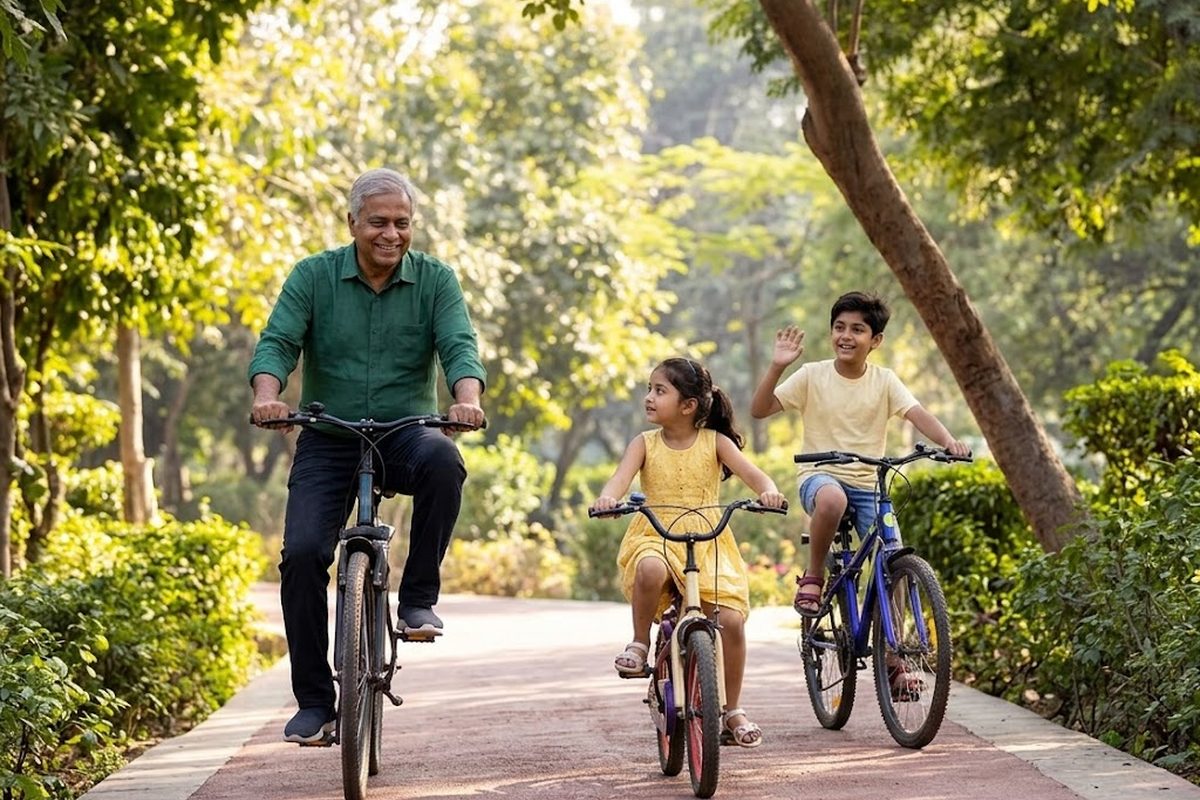 A retired man cycling with his grandchildren on a tree-lined path