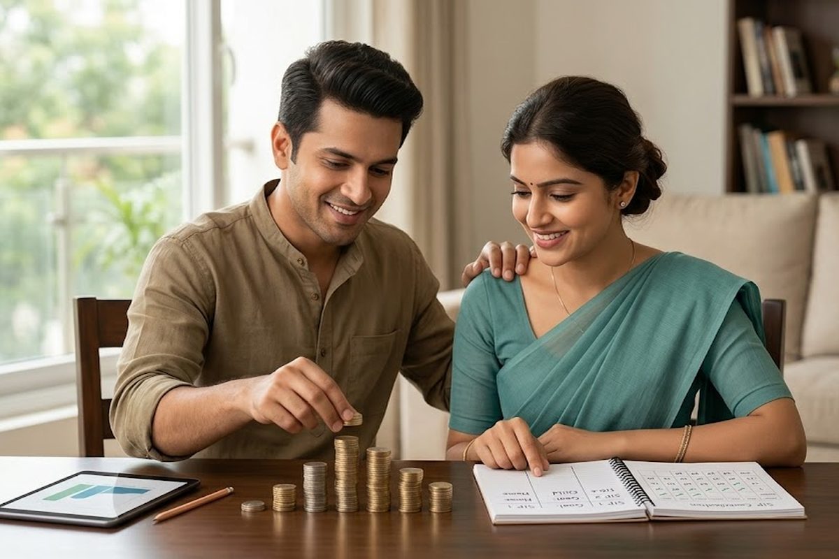 A couple counting savings together at home while planning a monthly SIP