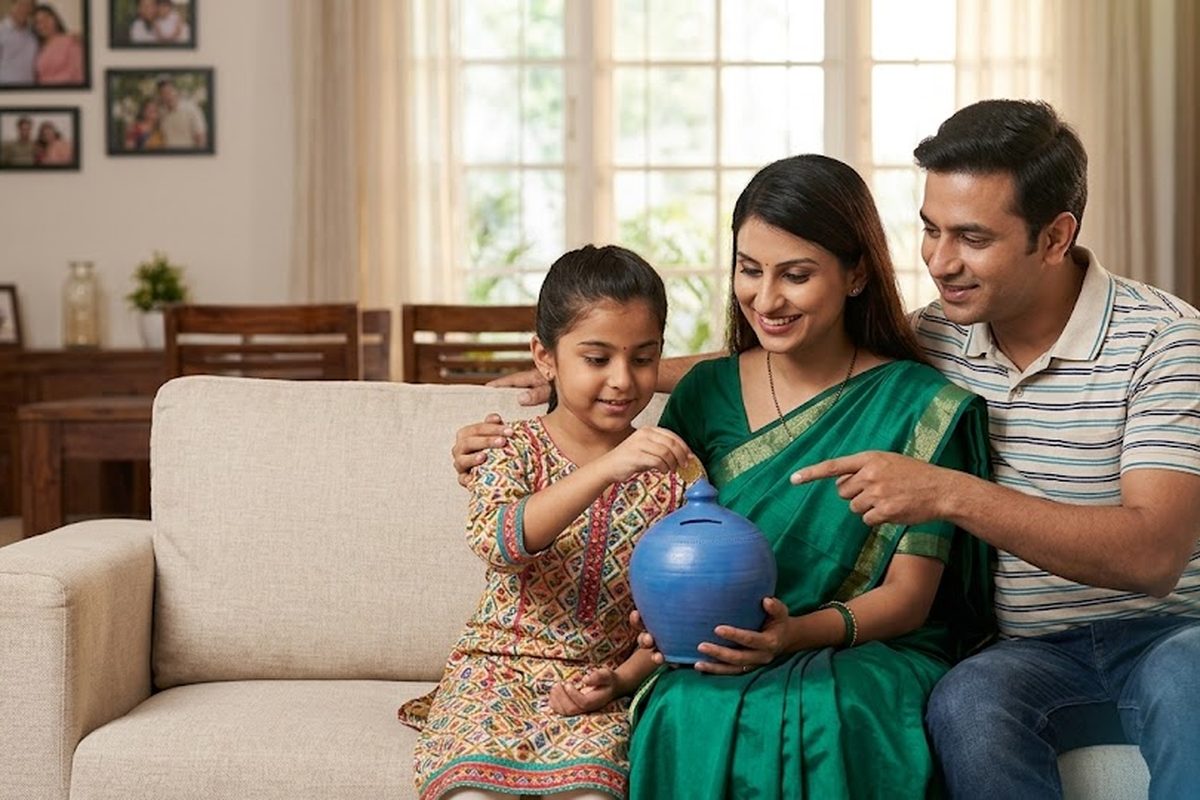 A family adding savings to a money box together at home
