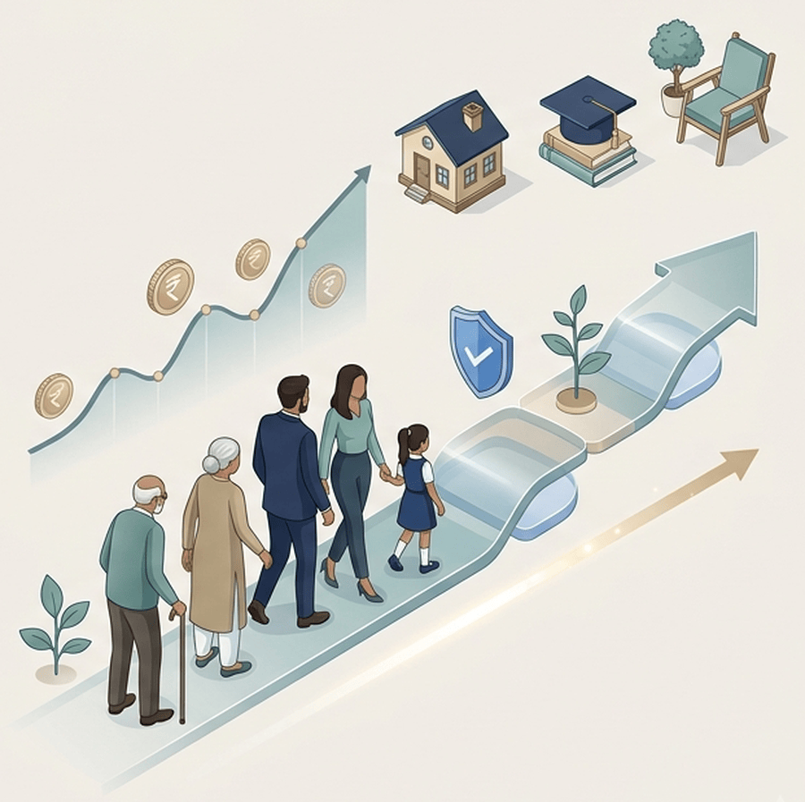 A family of three generations walking up a rising path towards a home, an
                  education and a comfortable retirement